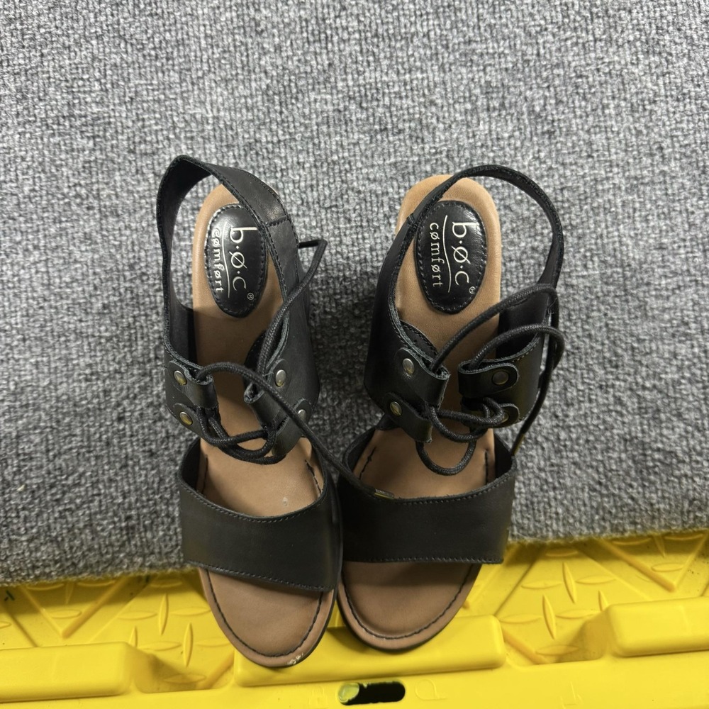B.o.c Slingback Sandals Womens Size 8 Black Leather Wedge Lace Up Comfort